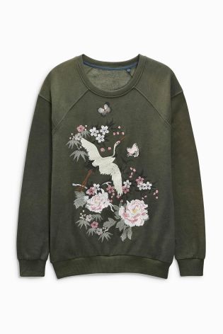 Green Embroidered Crew Sweat Top